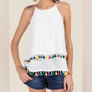 Alya White Halter Tank with Multicolor Tassel Trim NWT